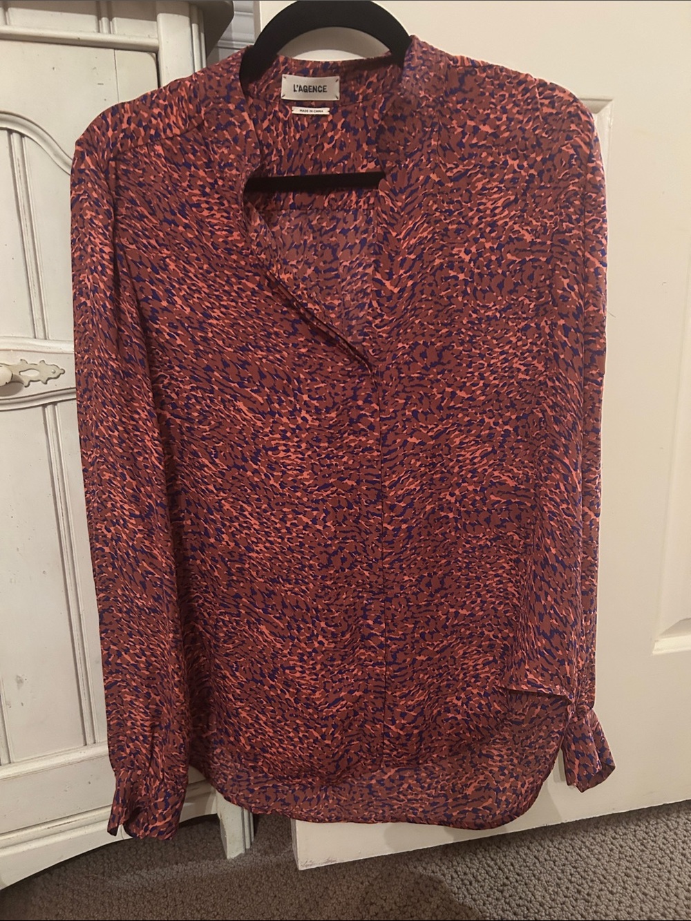 L'AGENCE Orange and Blue Abstract Print Long-Sleeve Silk Blouse